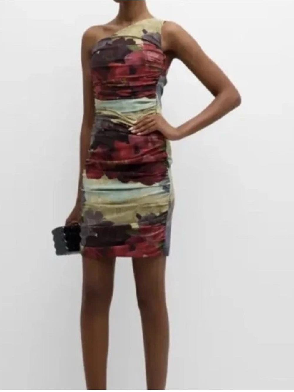 NWT CHIARA BONI le petite Robe Rose Print One Shoulder Ruched Stretch Dress Sz 2